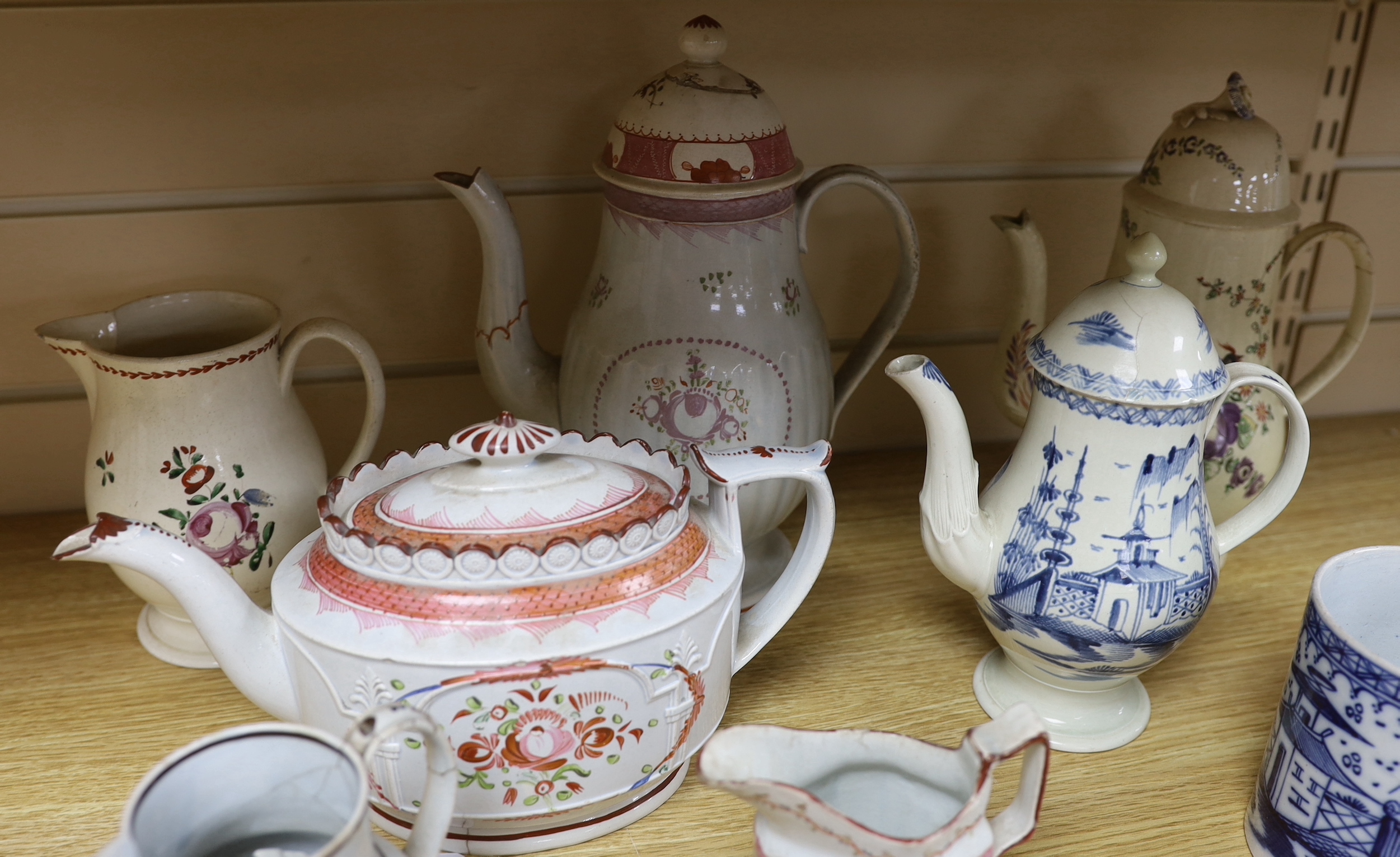 Late 18th century / early 19th century pearlware and creamware tea and coffee wares, tallest 27cm high